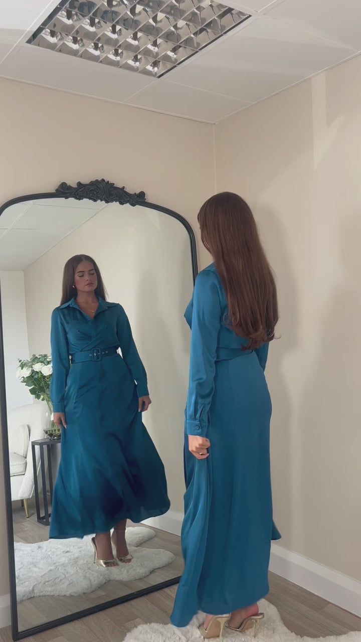 Kira Wrap Detail Petrol Blue Maxi Belted Long Sleeve Shirt Dress