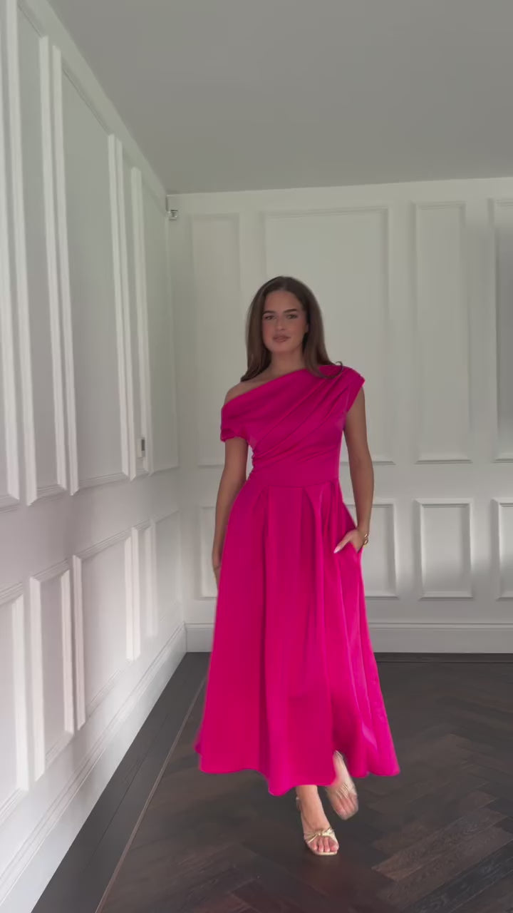 Betty Pink Asymmetric Neckline Skater Midi Dress With Pockets