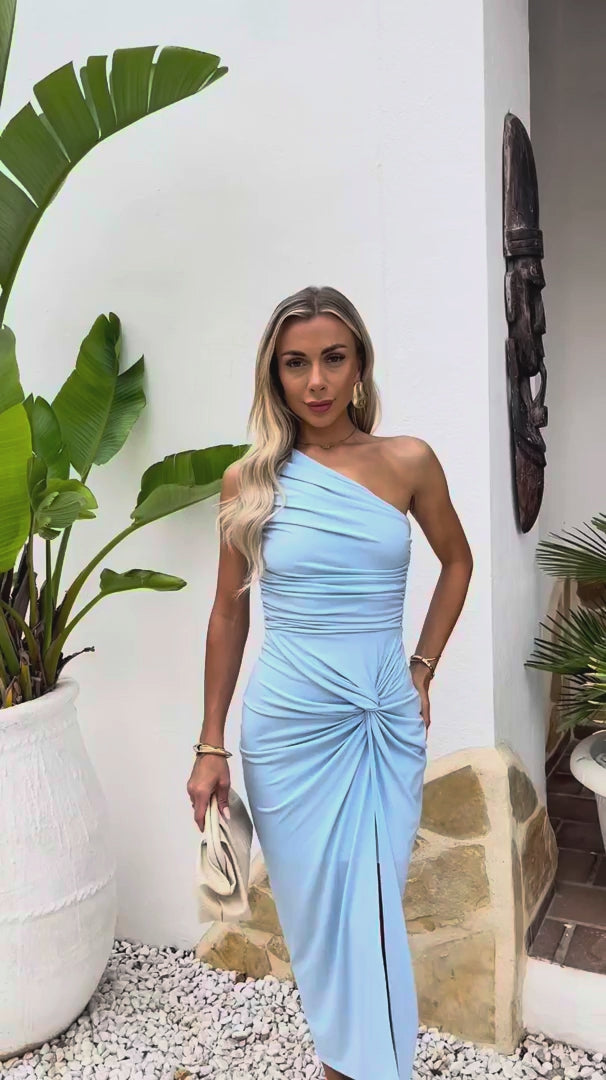Zoe Ice Blue One Shoulder Knot Skirt Ruched Bodycon Midi Dress