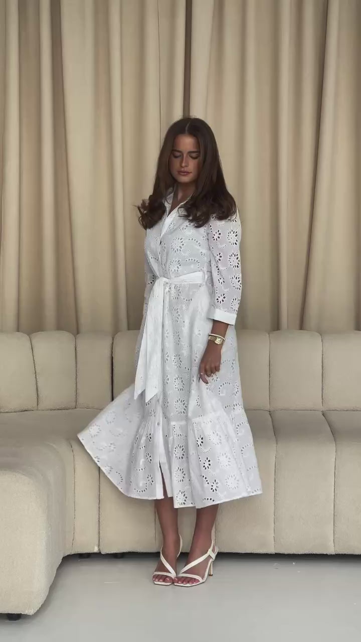 Michelle White Broderie Anglaise Belted Midaxi Shirt Dress
