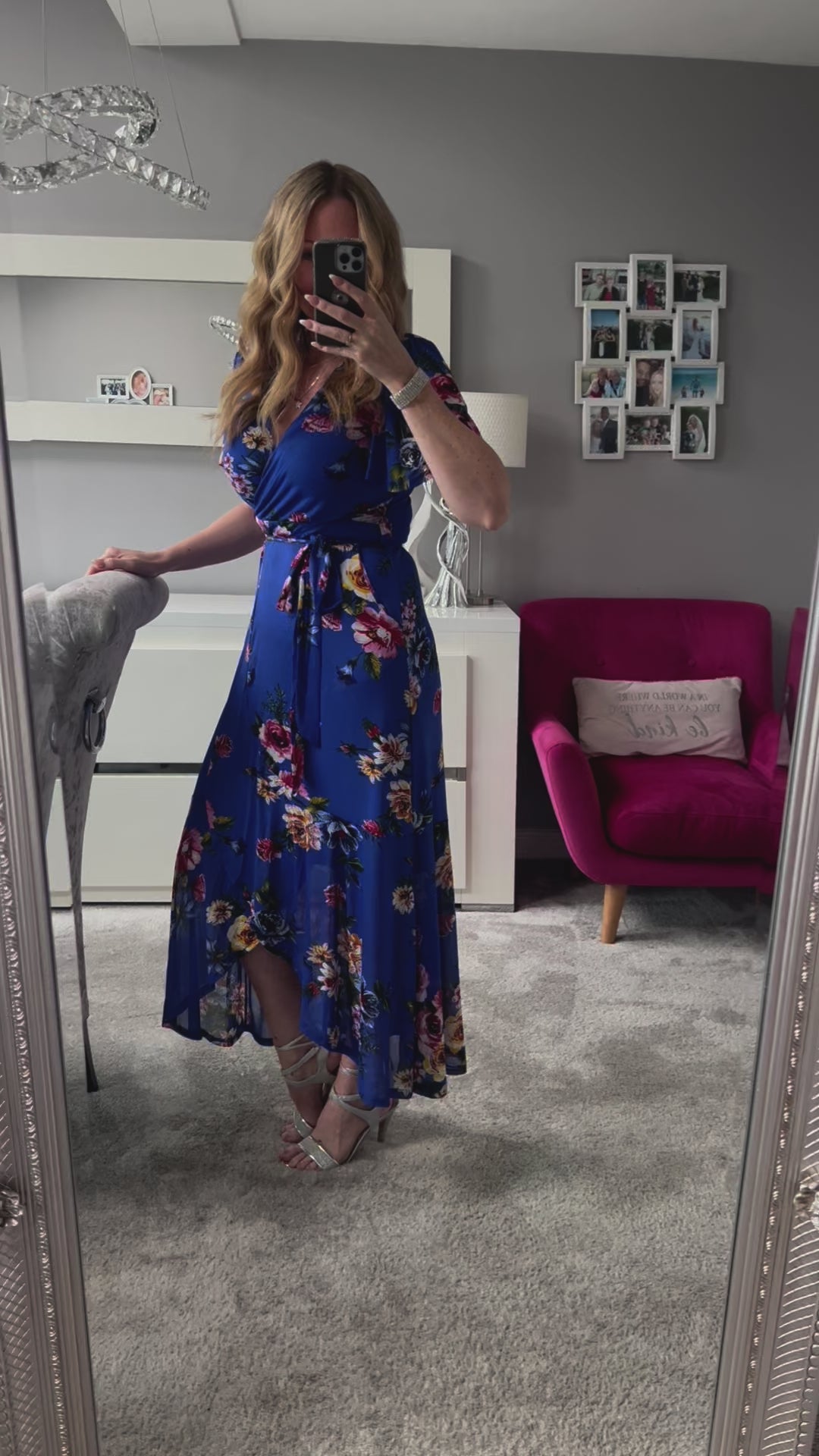 Ada Cobalt Blue Floral Dip Hem Belted Short Sleeve Mesh Maxi Dress