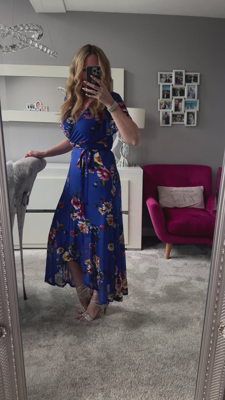 Ada Cobalt Blue Floral Dip Hem Belted Short Sleeve Mesh Maxi Dress