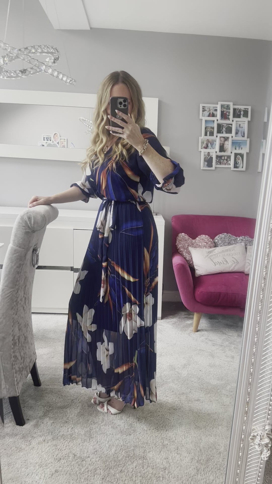 Elle Bright Navy Blue Floral Chiffon Pleated Belted 3/4 Length Sleeve Maxi Dress - 2 LENGTHS