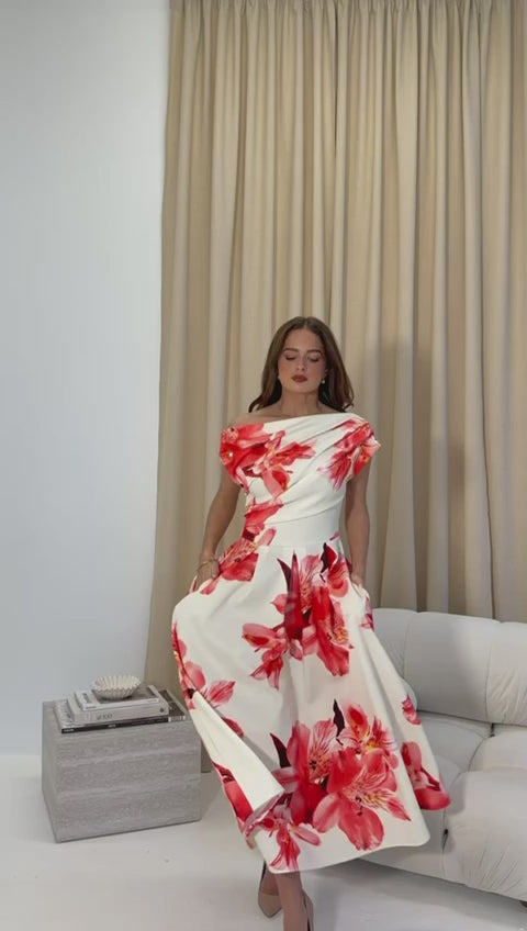 Betty Orange Floral Asymmetric Neckline Skater Maxi Dress With Pockets
