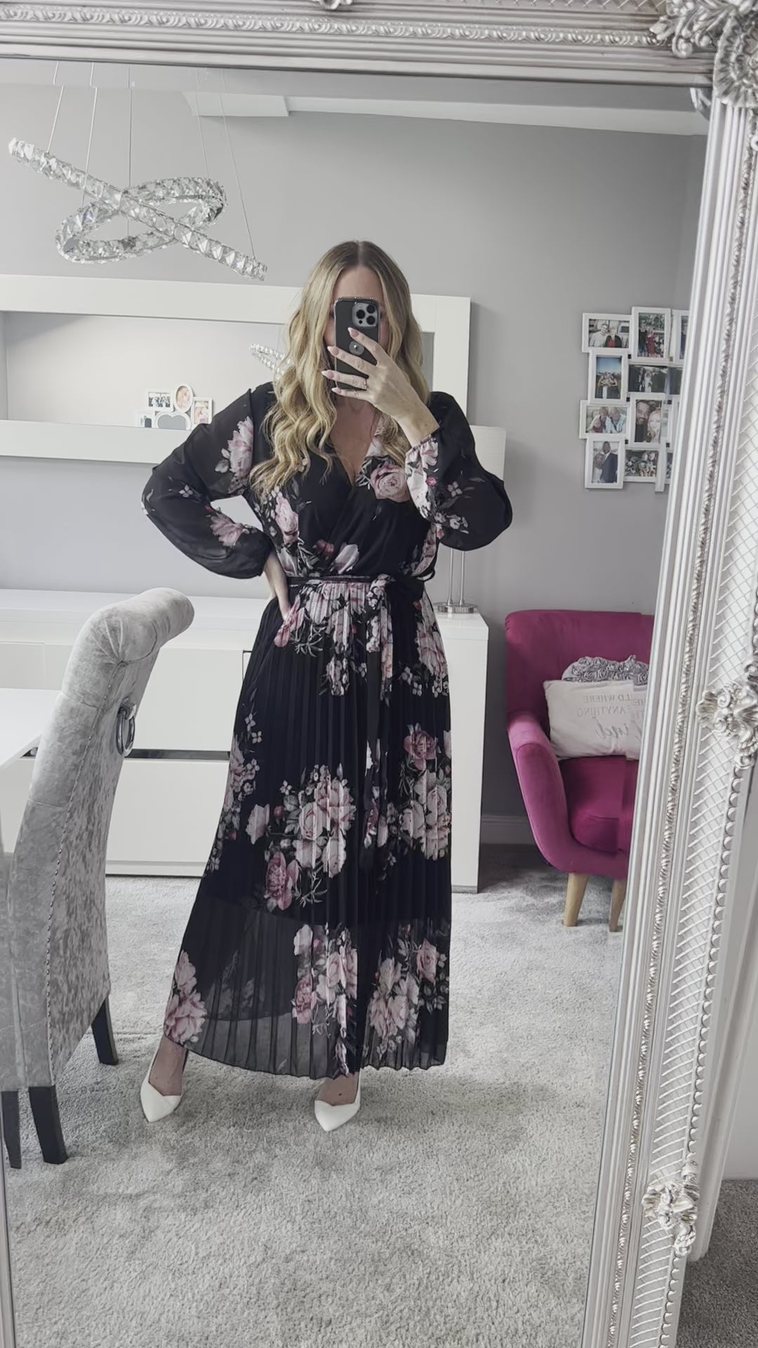 Amalfi Coast Black & Pale Pink Floral Chiffon Long Sleeve Pleated Belted Maxi Dress