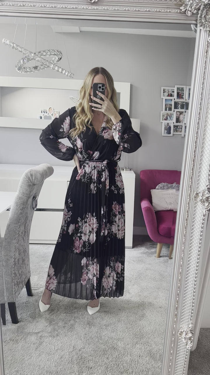 Amalfi Coast Black & Pale Pink Floral Chiffon Long Sleeve Pleated Belted Maxi Dress