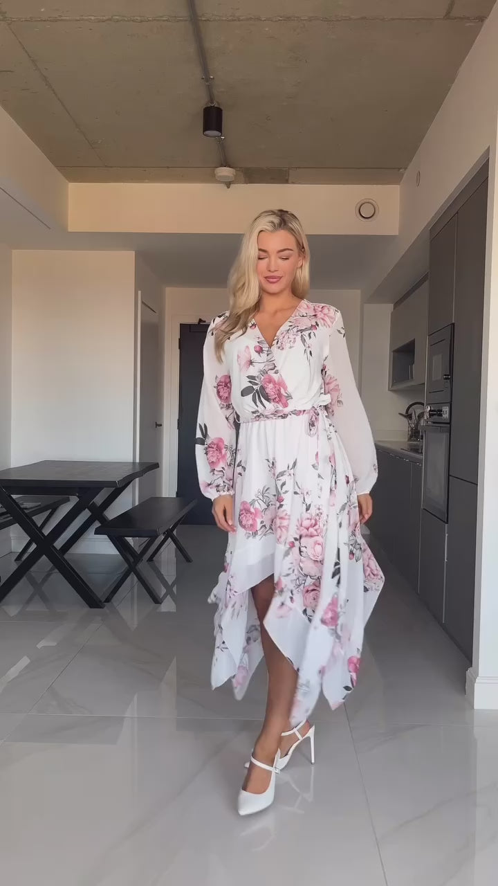 Dream Girl White Floral Waterfall Hem Chiffon Mini/Midi Dress