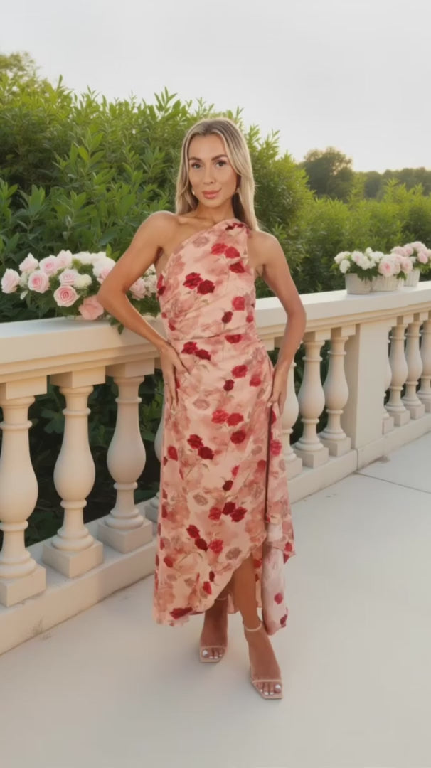 Sorcha Blush Rose Print One Shoulder Dipped Hem Maxi Dress