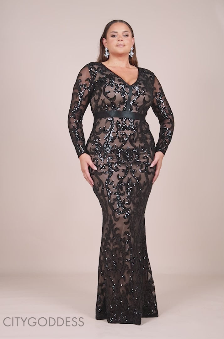 Anwen Black Sequin Long Sleeve Bodycon Maxi Dress