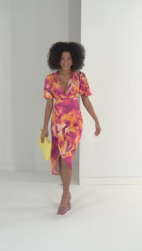 Manhattan Pink Swirl Angel Sleeve Bodycon Midi Dress