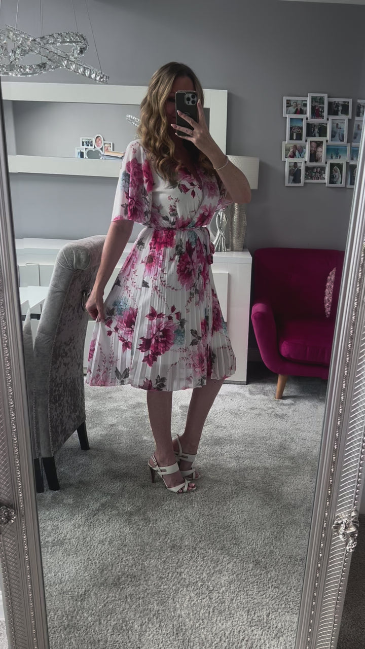 Lily White & Pink Floral Short Sleeve Chiffon Pleated Midi Dress