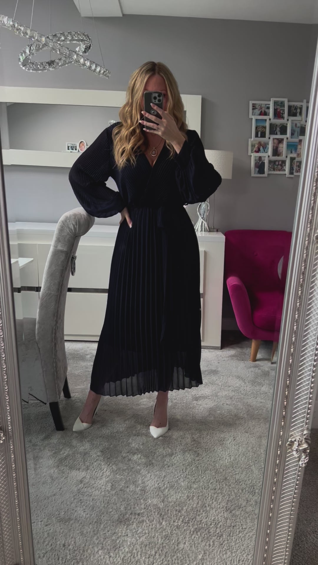 Lucile Navy Blue Chiffon Pleated Belted Long Sleeve Maxi Dress