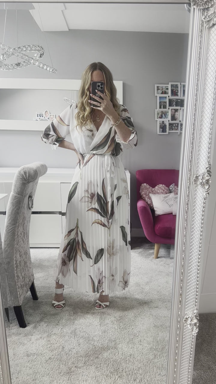 Elle Ivory Floral Chiffon Pleated Belted 3/4 Length Sleeve Maxi Dress