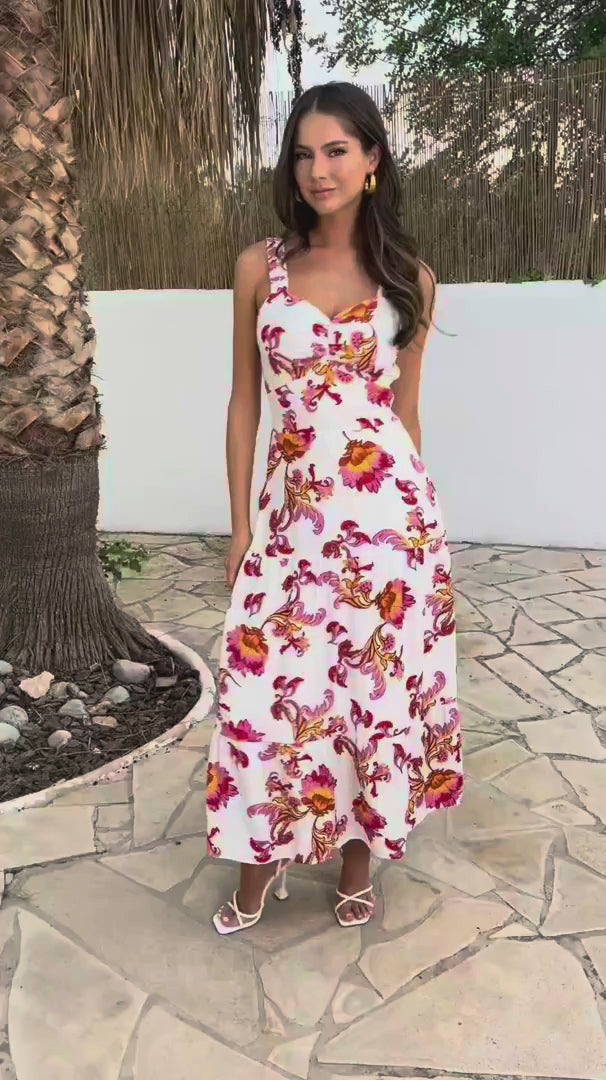 Caitlin Multi Floral Print Sweetheart Neck Tiered Maxi Dress