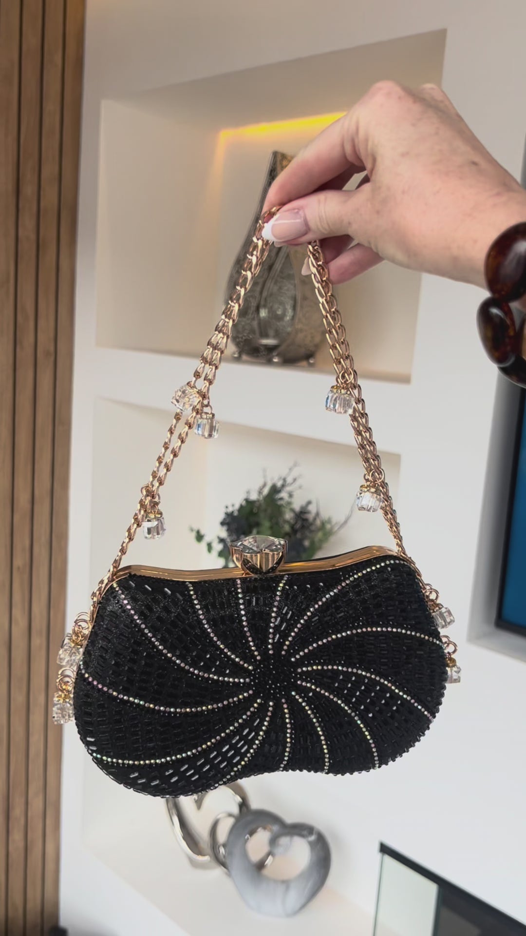 Galaxy Premium Sparkly Clutch Bag With Crystal Embellished Handle - Black