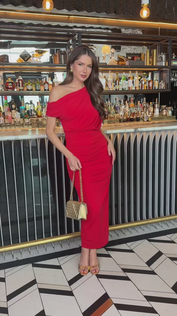 Zelda Red Off The Shoulder Draped Top Bodycon Maxi Dress