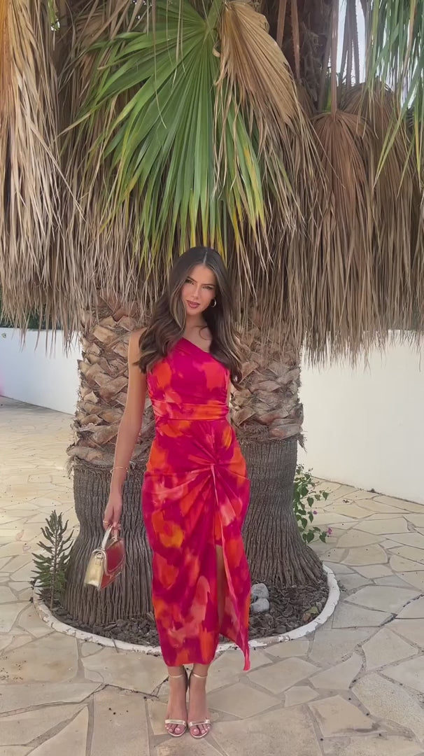 Zoe Pink & Orange Smudge Print One Shoulder Knot Skirt Ruched Bodycon Midi Dress