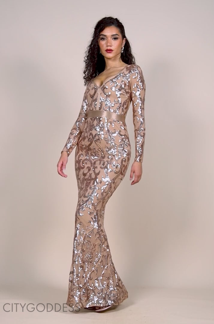 Anwen Champagne Gold Sequin Long Sleeve Bodycon Maxi Dress BY GODDIVA