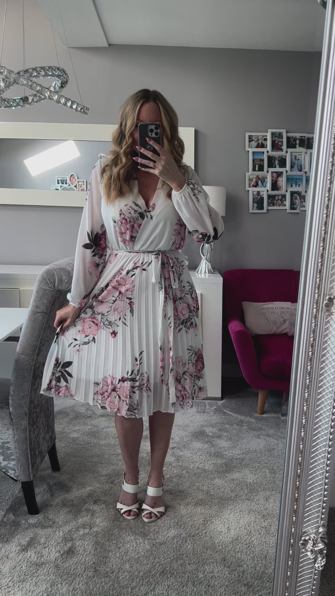 Joanie White Floral Long Sleeve Chiffon Pleated Midi Dress