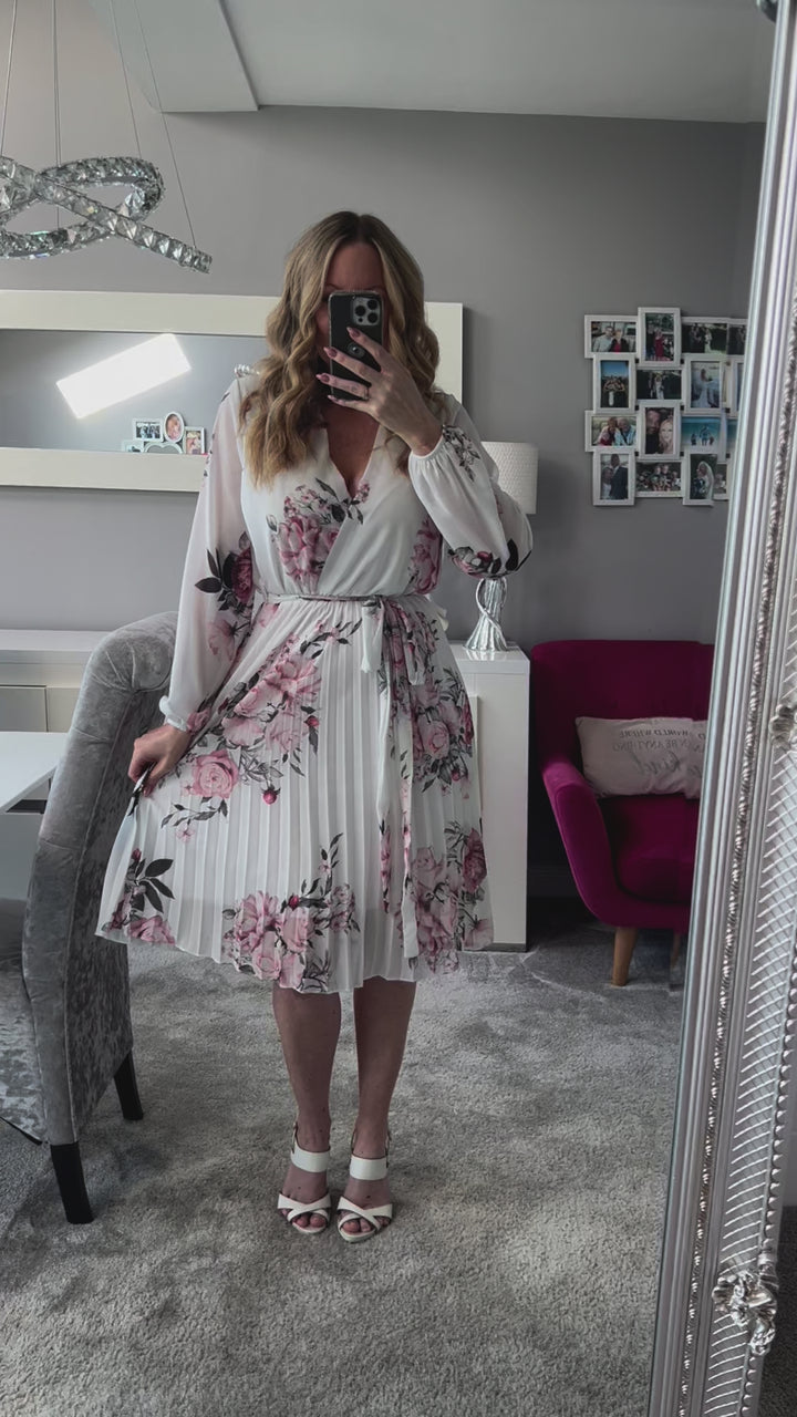 Joanie White Floral Long Sleeve Chiffon Pleated Midi Dress
