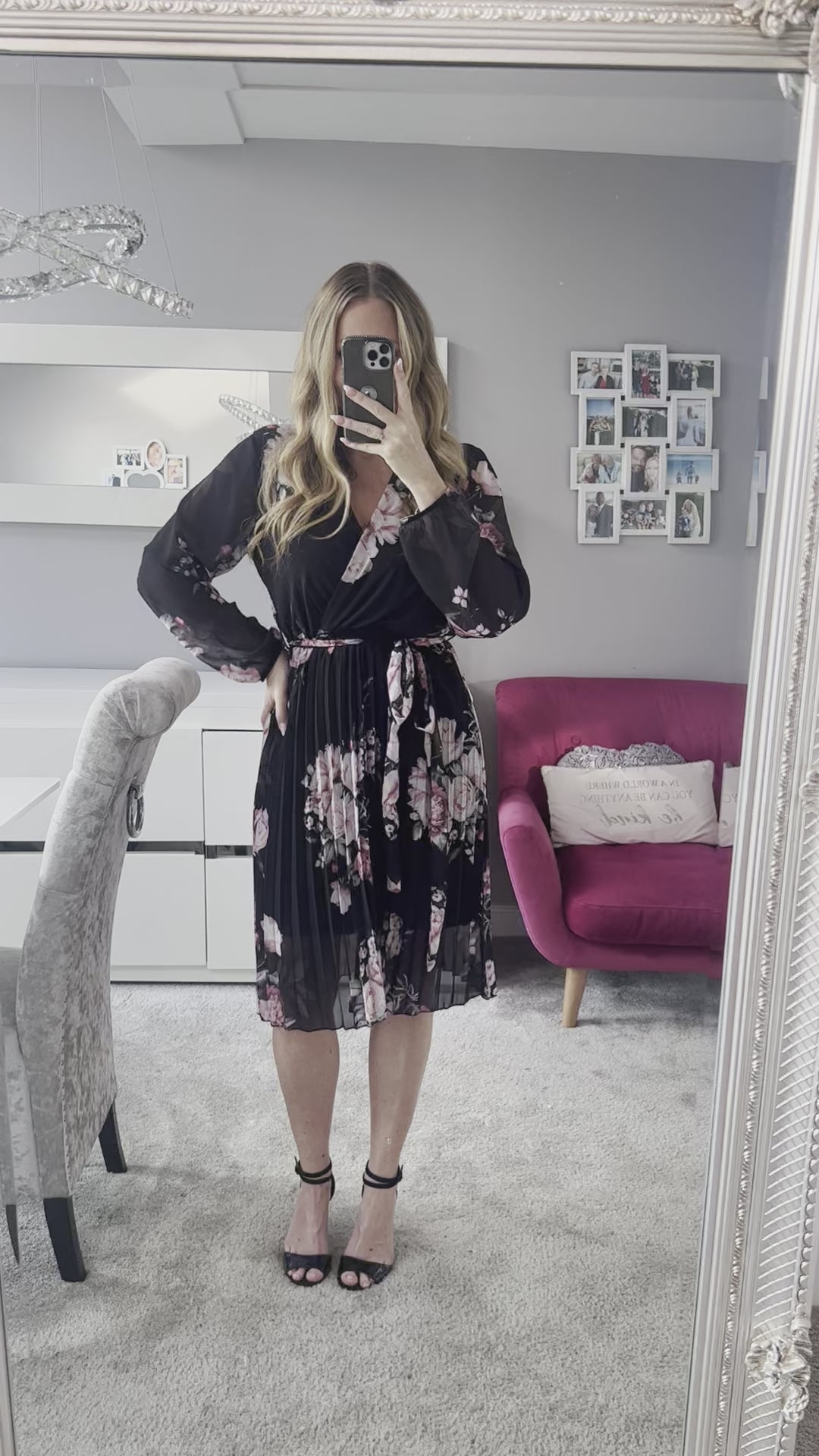 Joanie Black Floral Long Sleeve Chiffon Pleated Midi Dress