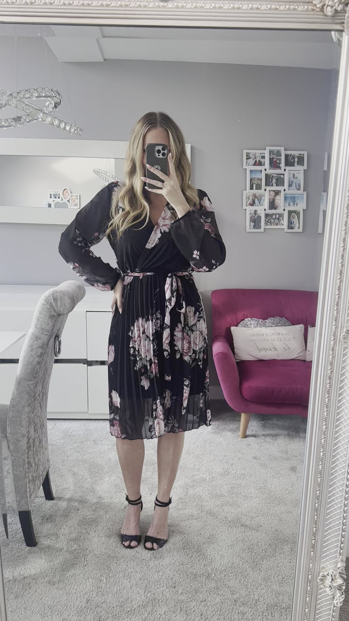 Joanie Black Floral Long Sleeve Chiffon Pleated Midi Dress