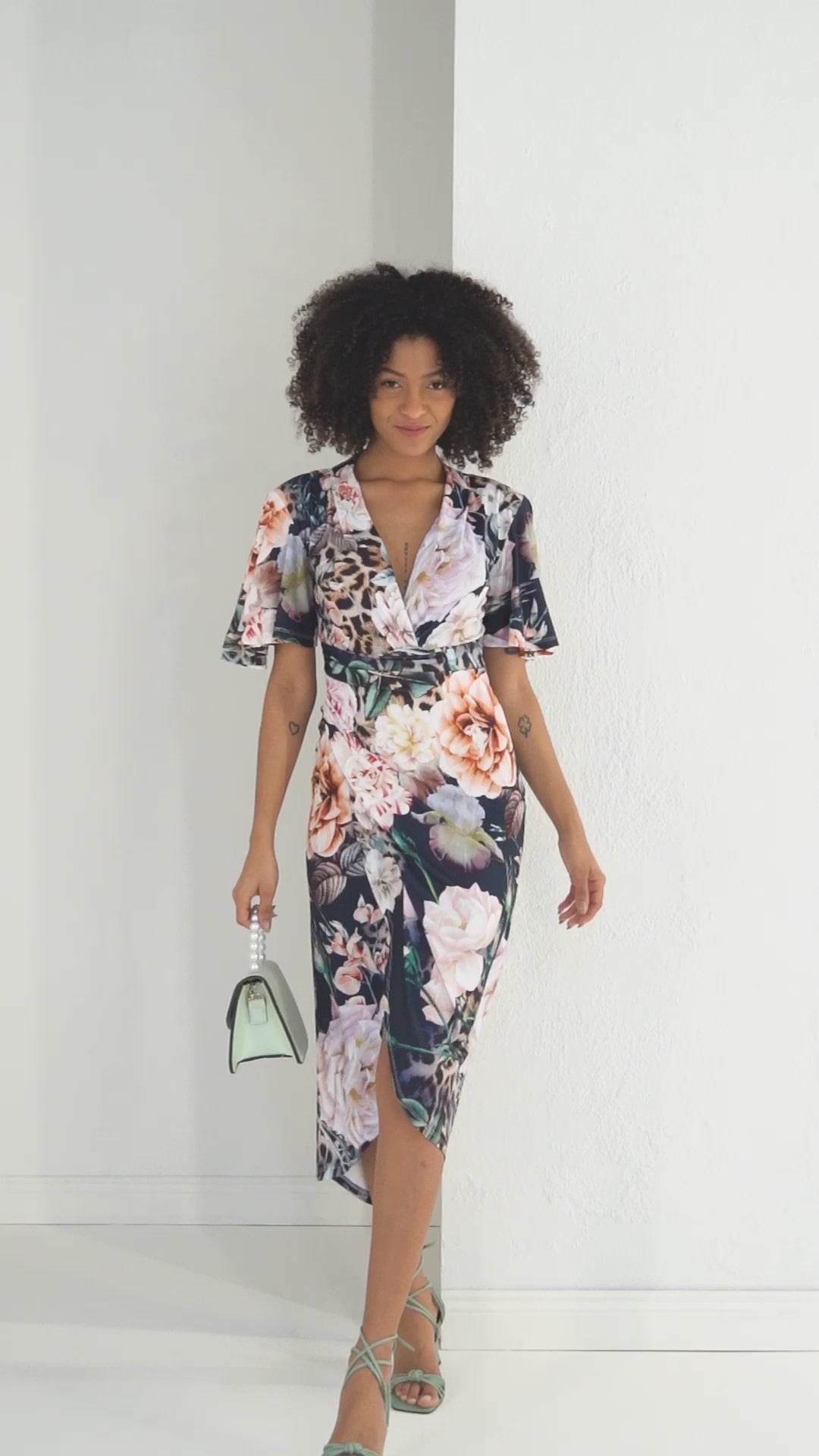 Manhattan Navy Floral Angel Sleeve Bodycon Midi Dress