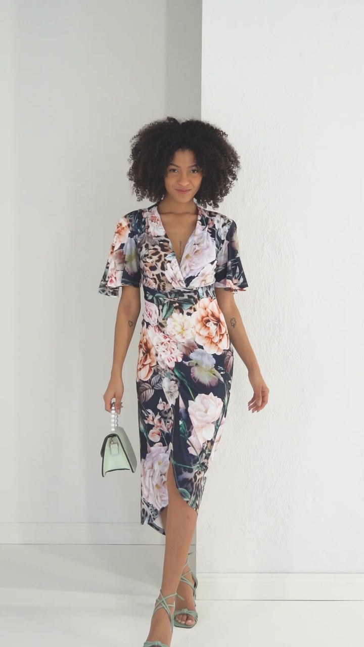 Manhattan Navy Floral Angel Sleeve Bodycon Midi Dress