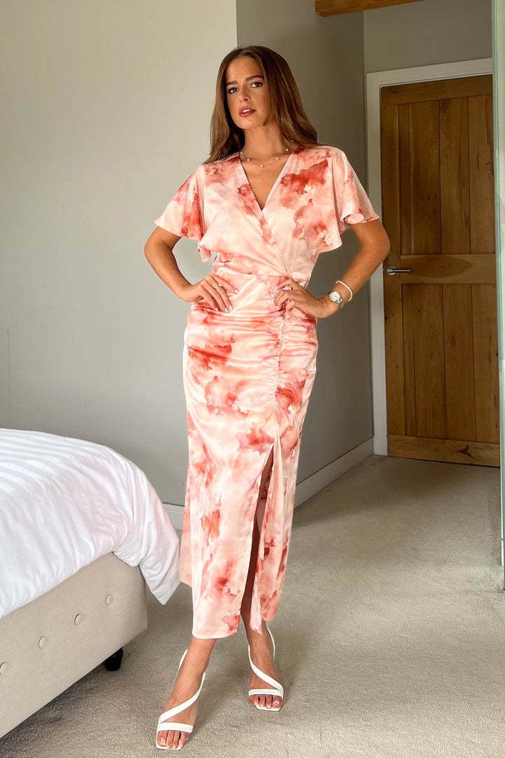 Priscilla Blush Pink Marble Wrap Over Ruched Detail Midi Dress