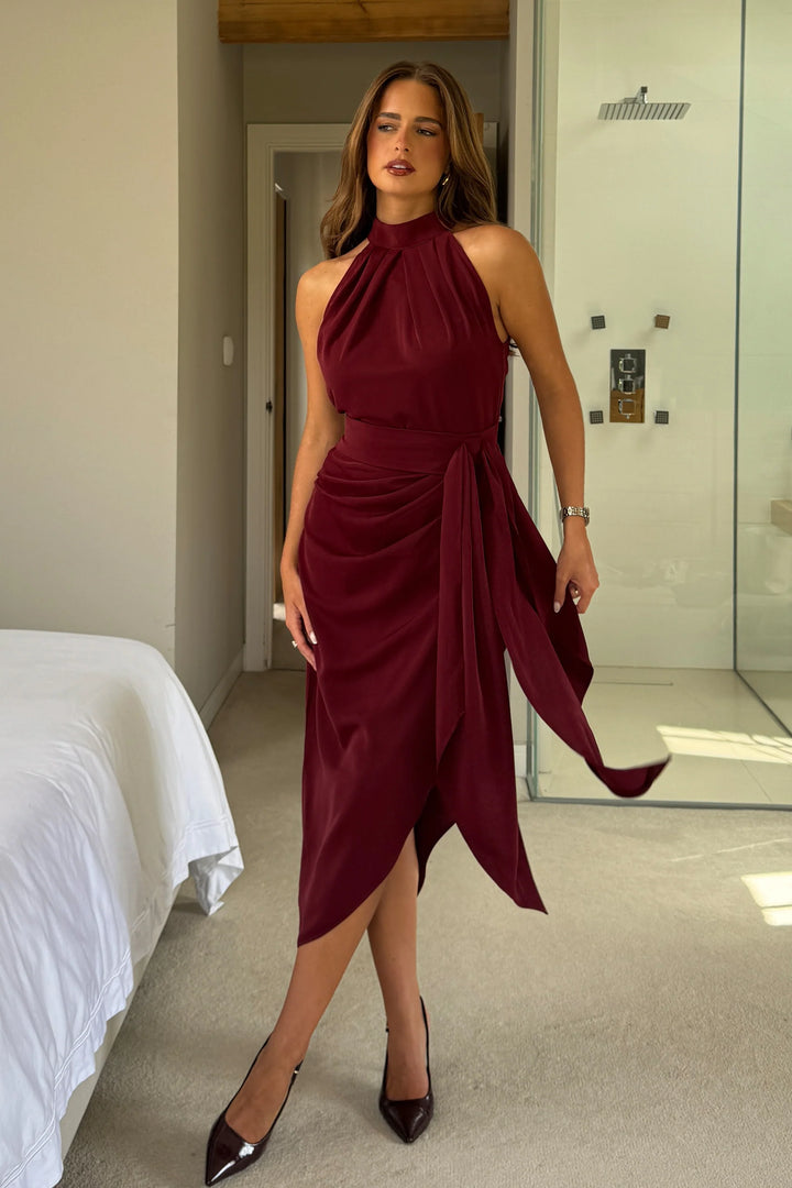 Priya Burgundy Tie Waist Bodycon Halter Neck Midi Dress