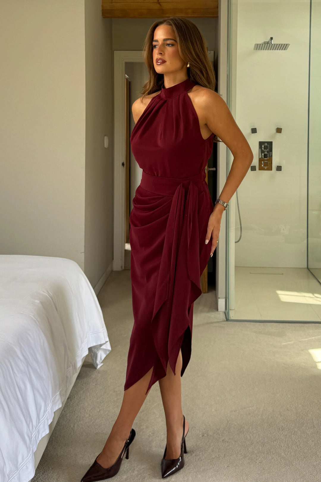 Priya Burgundy Tie Waist Bodycon Halter Neck Midi Dress