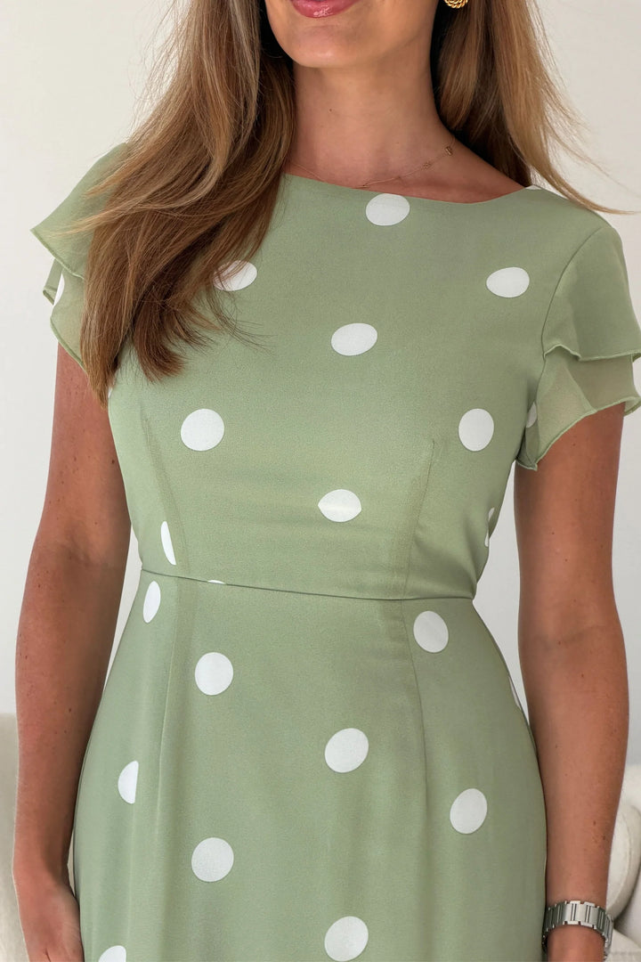 Roxy Sage Polka Dot Boat Neck Frill Bodycon Midi Dress