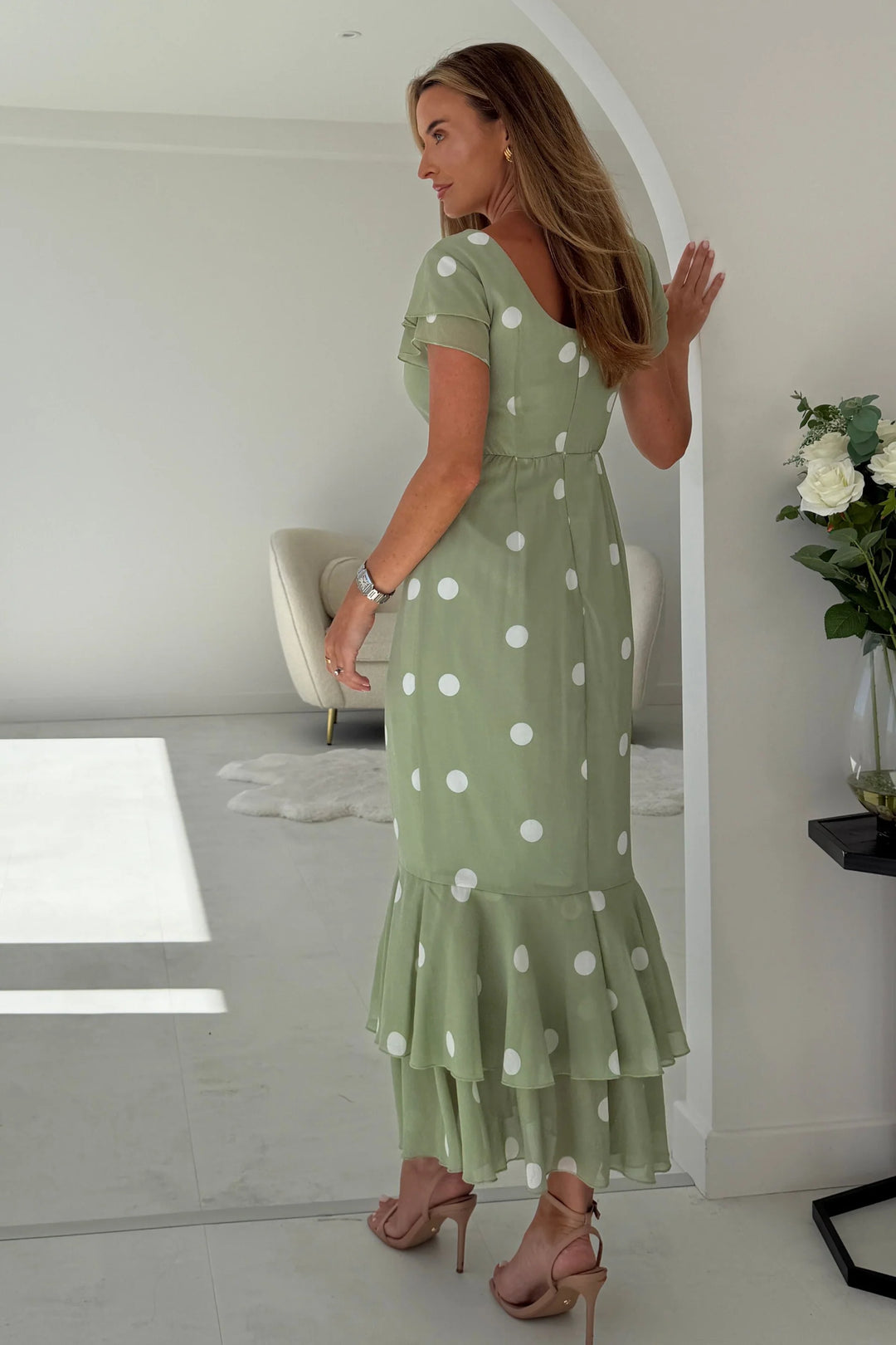Roxy Sage Polka Dot Boat Neck Frill Bodycon Midi Dress