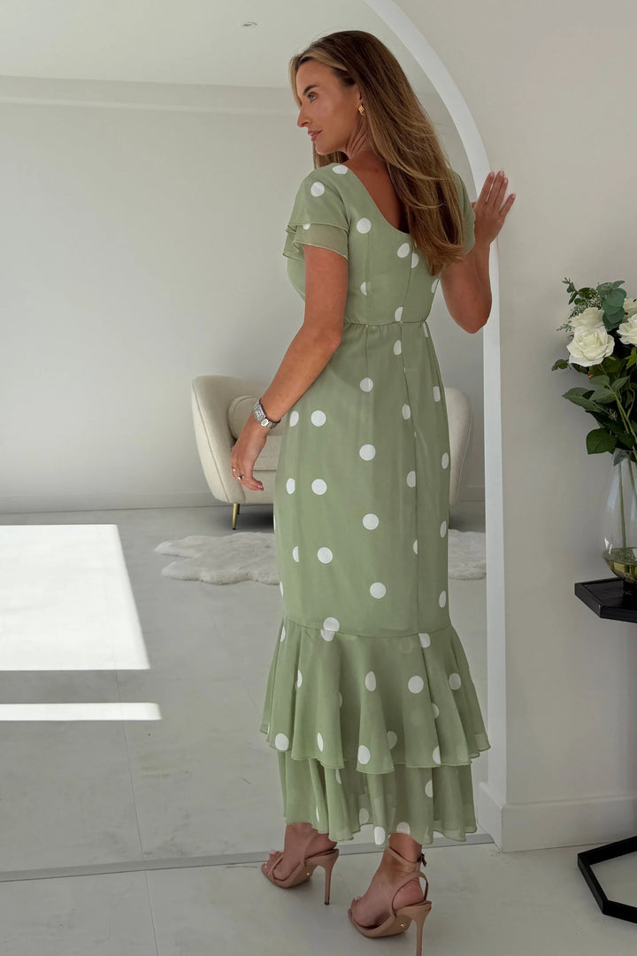 Roxy Sage Polka Dot Boat Neck Frill Bodycon Midi Dress