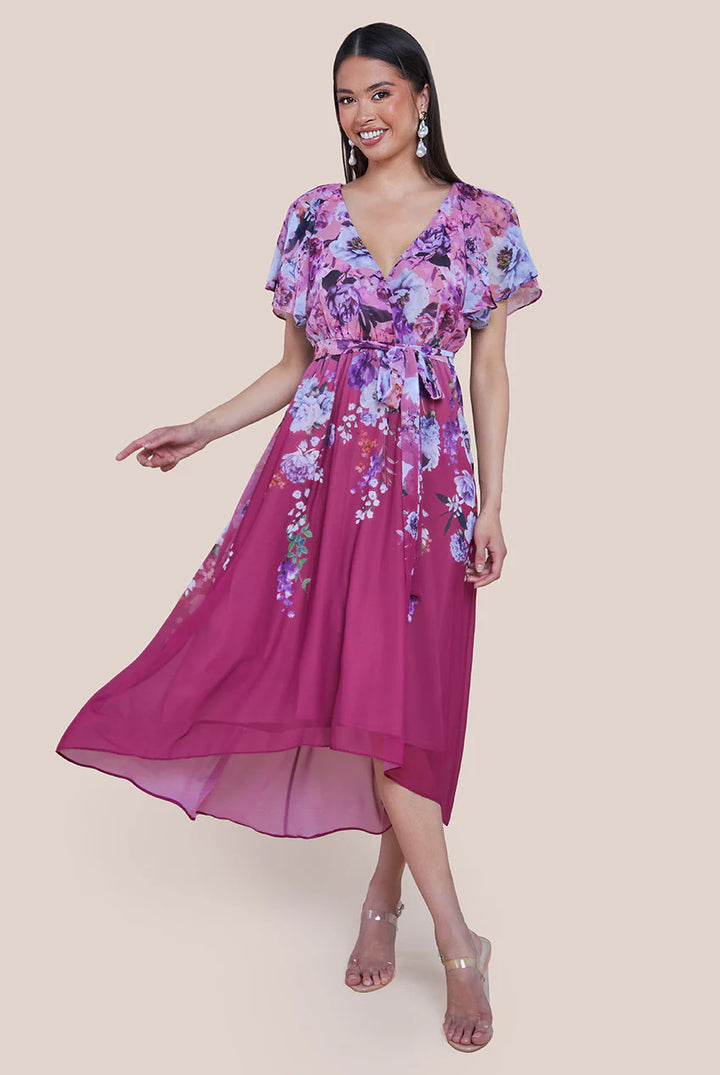 Raquel Magenta Short Sleeve Chiffon Floral High Low Midi Dress