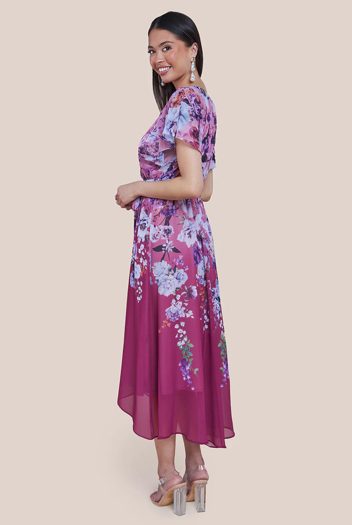 Raquel Magenta Short Sleeve Chiffon Floral High Low Midi Dress