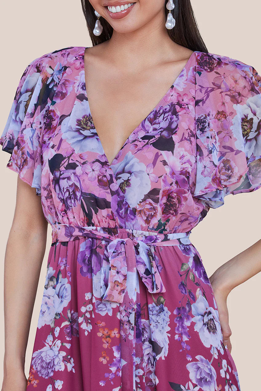 Raquel Magenta Short Sleeve Chiffon Floral High Low Midi Dress
