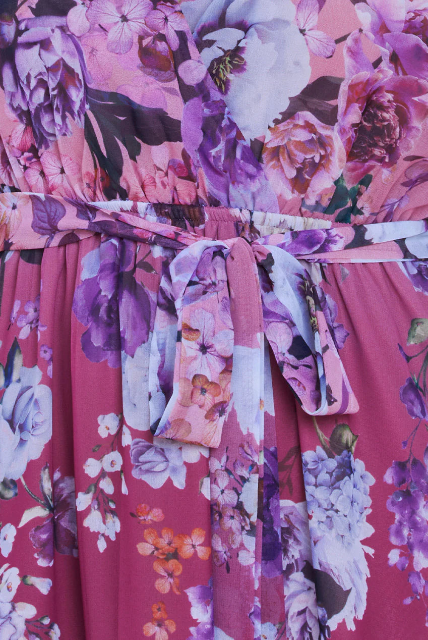 Raquel Magenta Short Sleeve Chiffon Floral High Low Midi Dress