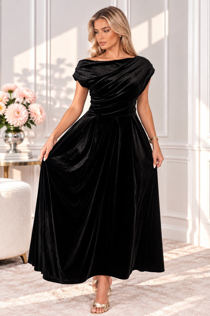 Betty Black Velvet Asymmetric Neckline Skater Maxi Dress With Pockets