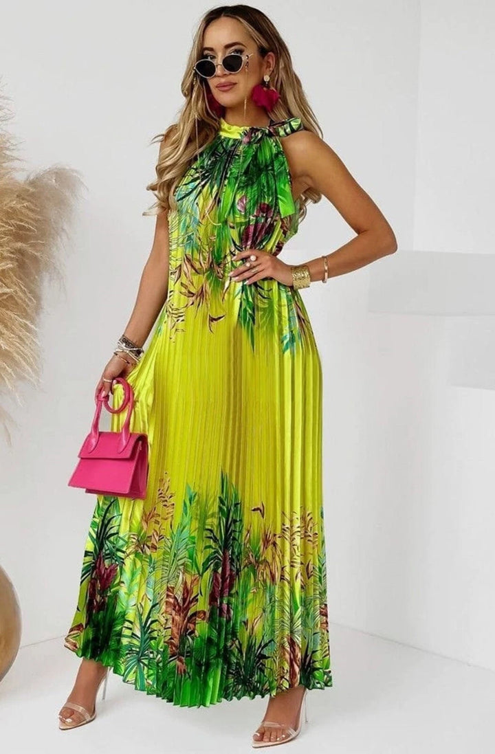 Antigua Bright Yellow Floral Halter Neck Pleated Maxi Dress