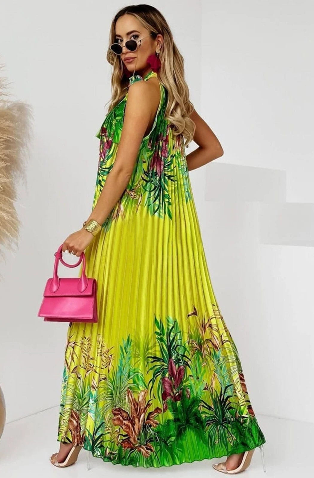 Antigua Bright Yellow Floral Halter Neck Pleated Maxi Dress