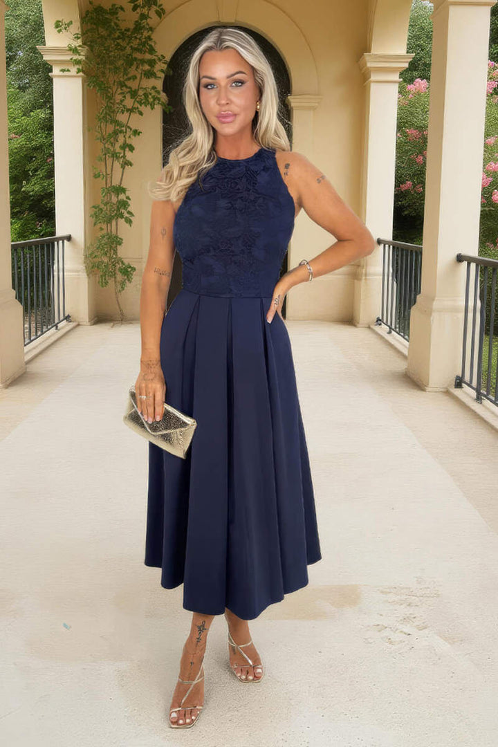 Safiya Navy Embroidered Top Overlay A-Line Skirt Midi Dress