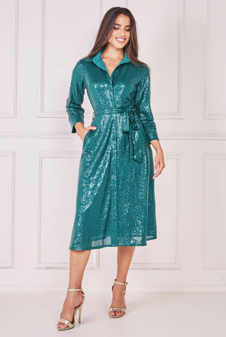 Sophia Emerald Green Sequin Midi Skater Shirt Dress