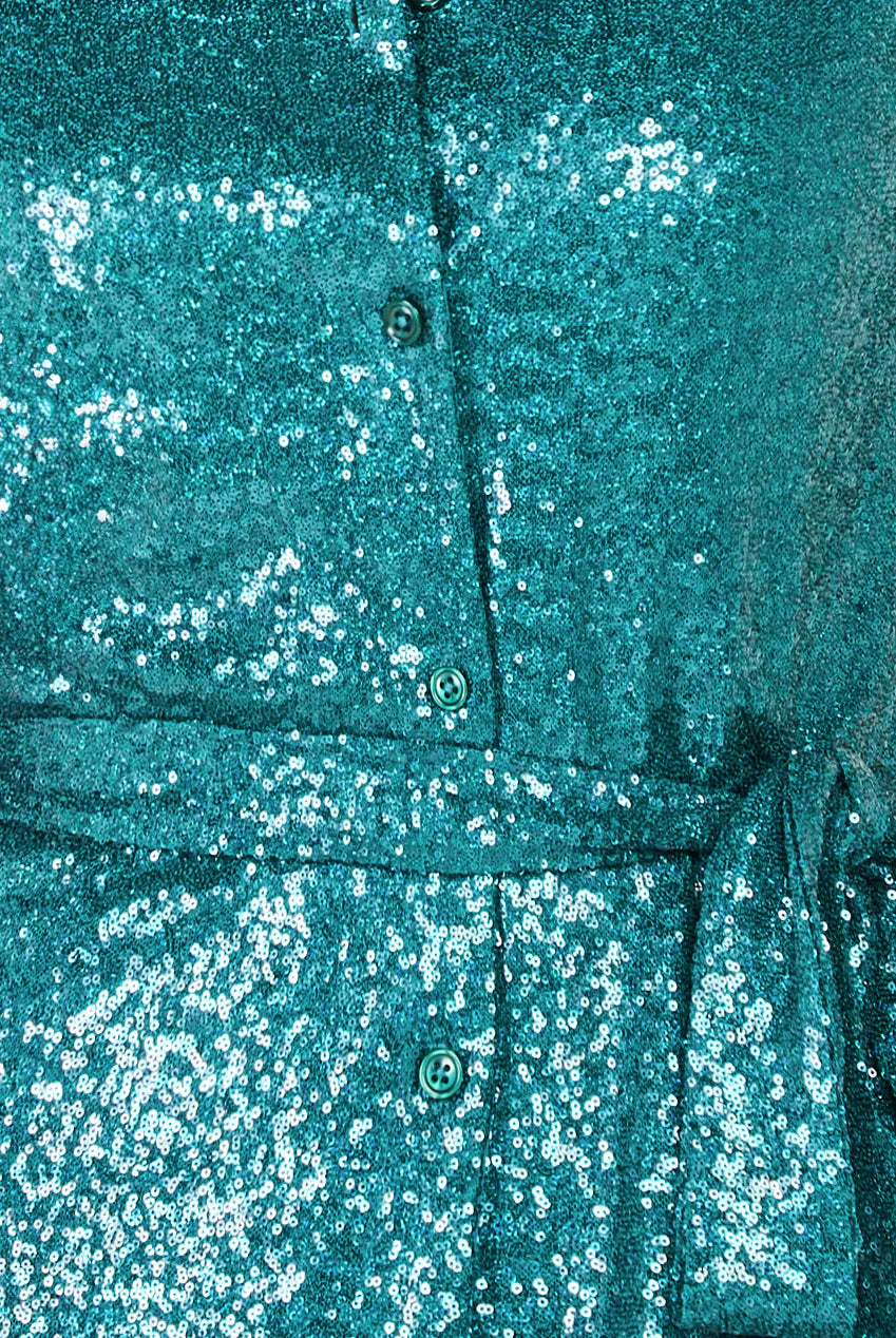 Sophia Emerald Green Sequin Midi Skater Shirt Dress