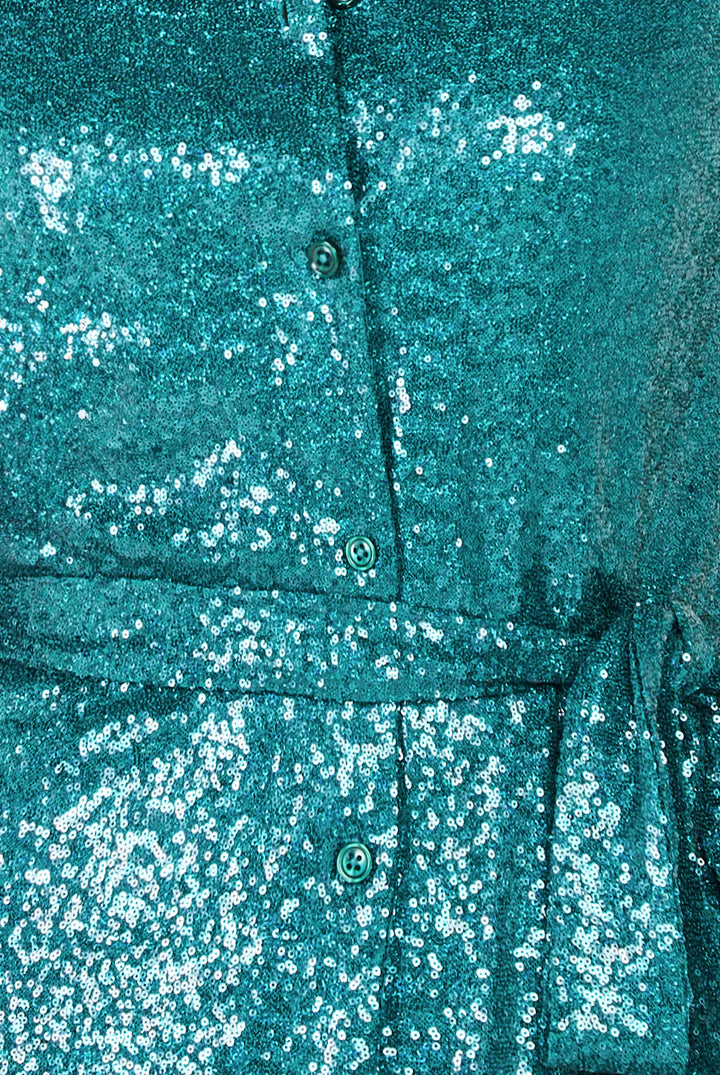 Sophia Emerald Green Sequin Midi Skater Shirt Dress