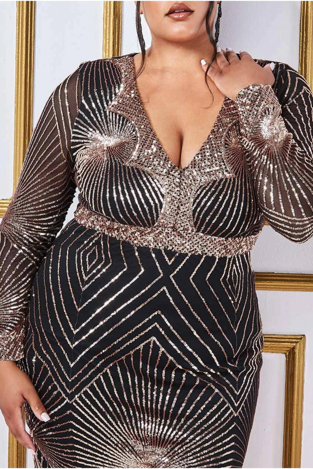 Starburst Rose Gold Long Sleeve Sequin Bodycon Midi Dress