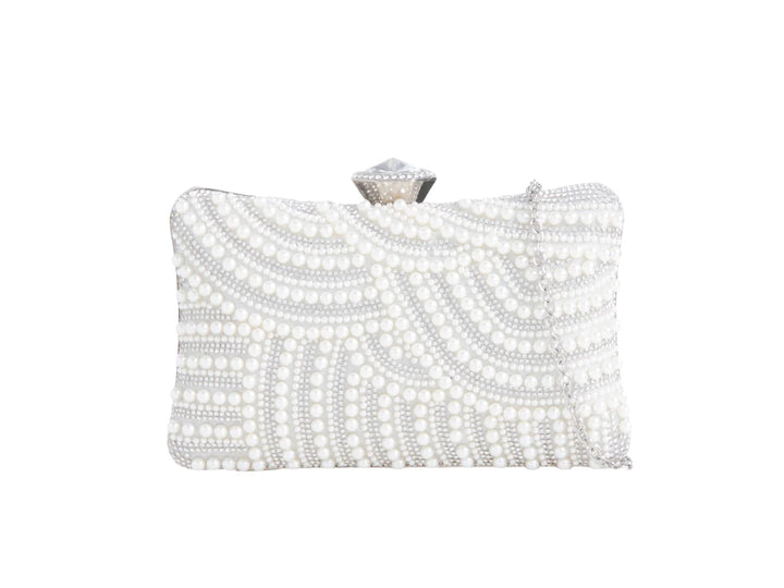 Marbella Diamante & Pearl Embellished Box Clutch Bag - White