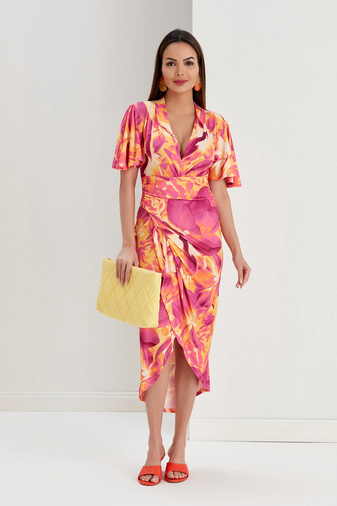 Manhattan Pink Swirl Angel Sleeve Bodycon Midi Dress