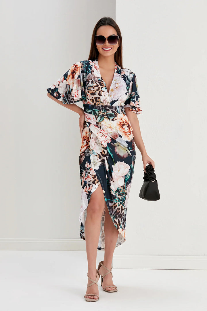 Manhattan Navy Floral Angel Sleeve Bodycon Midi Dress