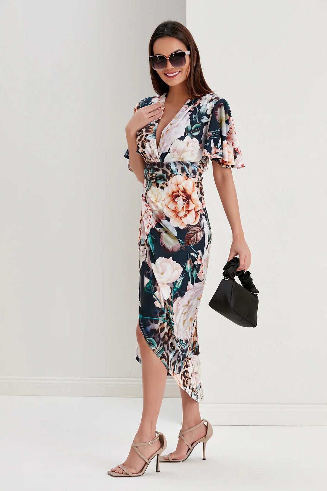 Manhattan Navy Floral Angel Sleeve Bodycon Midi Dress